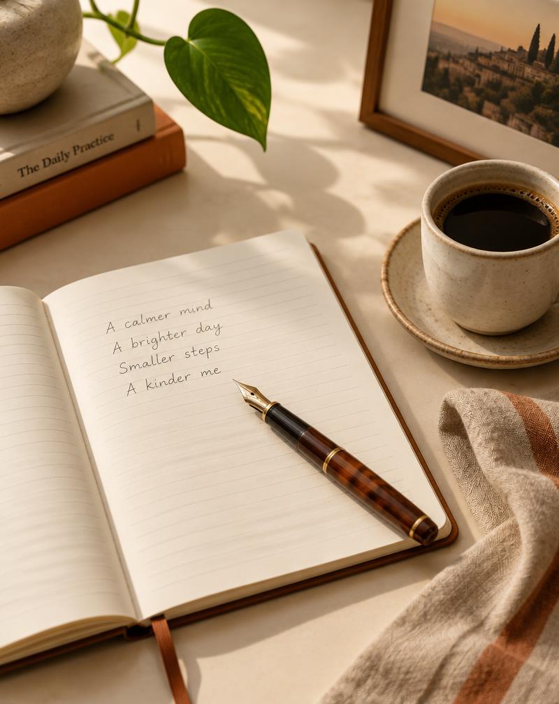 Notebook, fountain pen and coffee on a warm desk